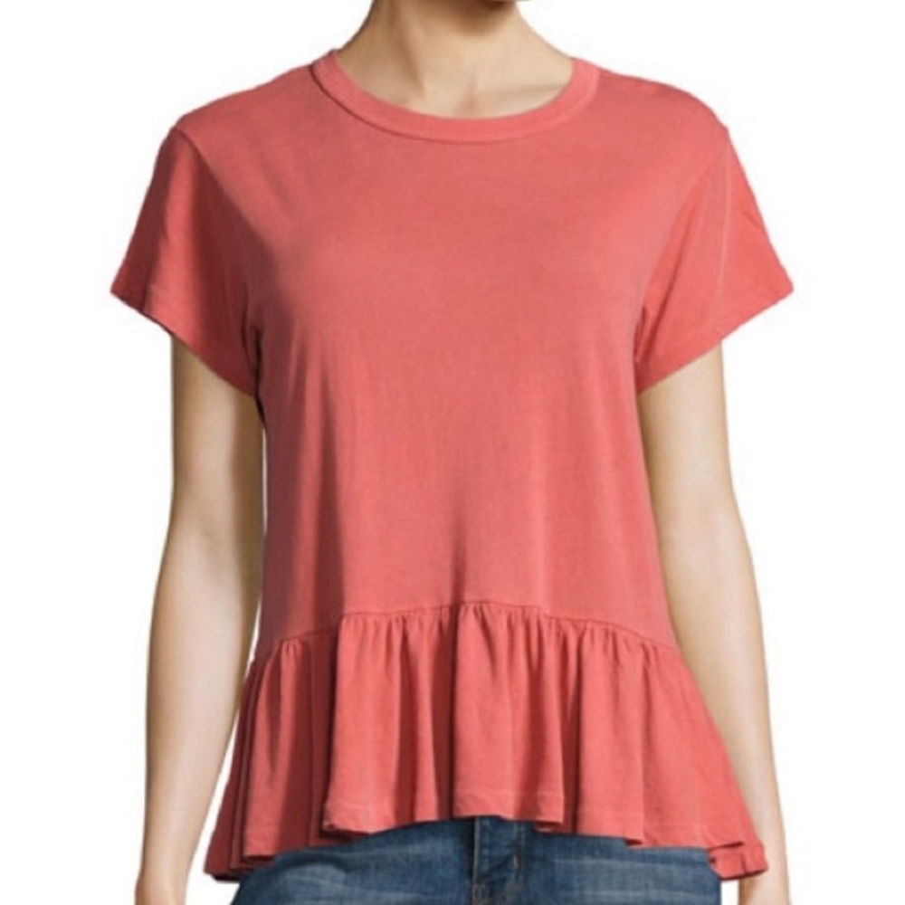 THE GREAT. Distressed Pink Peplum Top